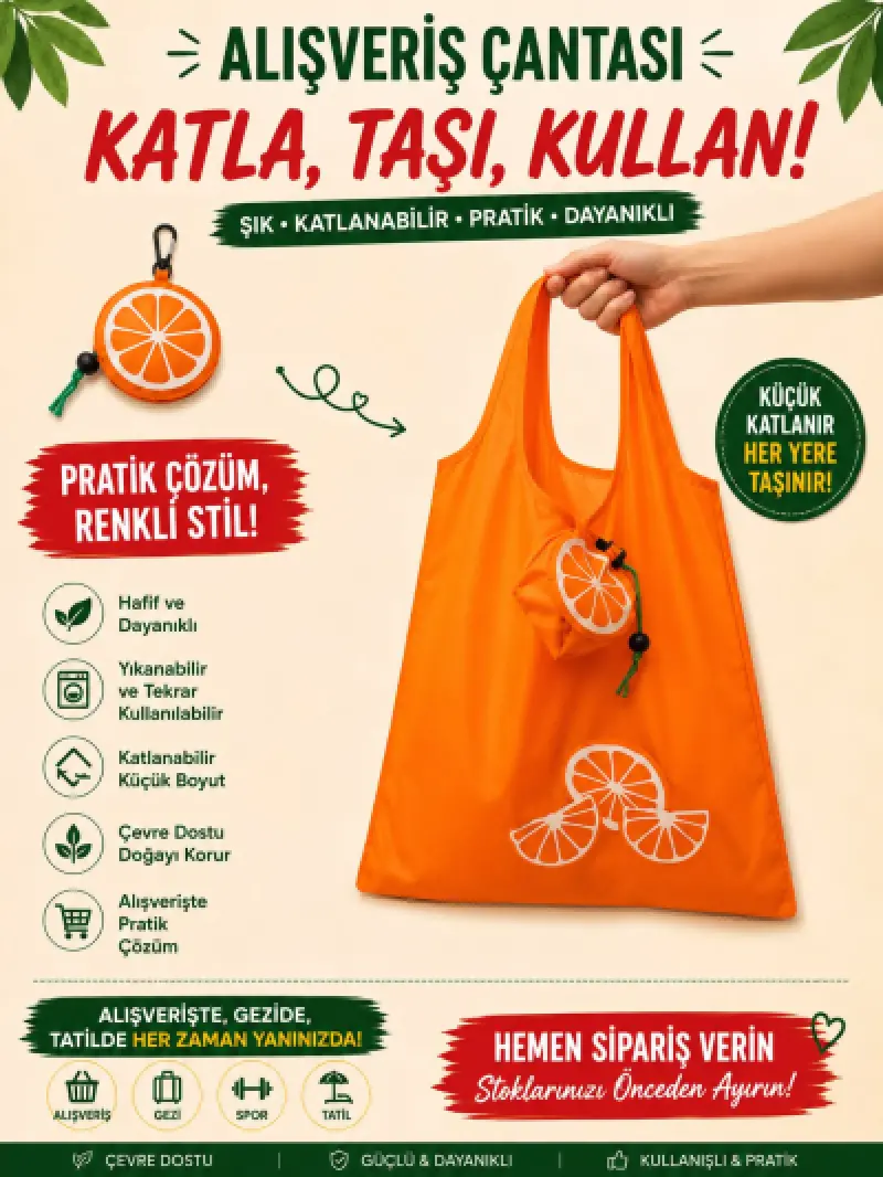 Katlanabilir Alışveriş Plaj Çantası (38x58) Portakal Desen