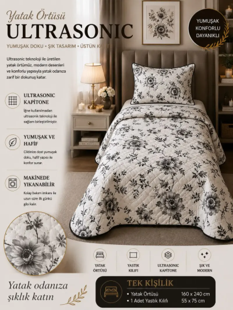 Tek Kişilik Kapitoneli Yastıklı Pike Takımı ( SİYAH GÜL ) ( 160*240 Örtü )
