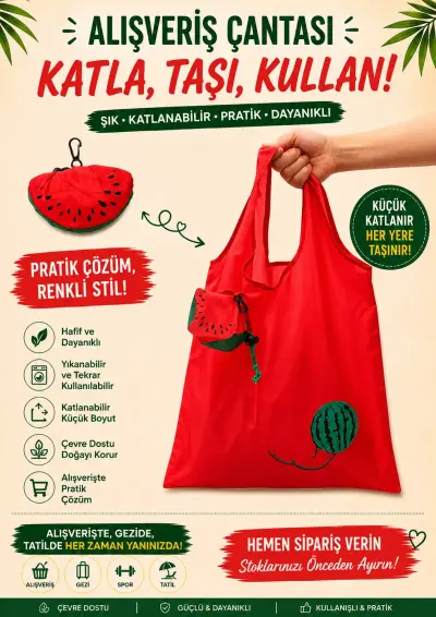 Katlanabilir Alışveriş Plaj Çantası (38x58) Karpuz desen
